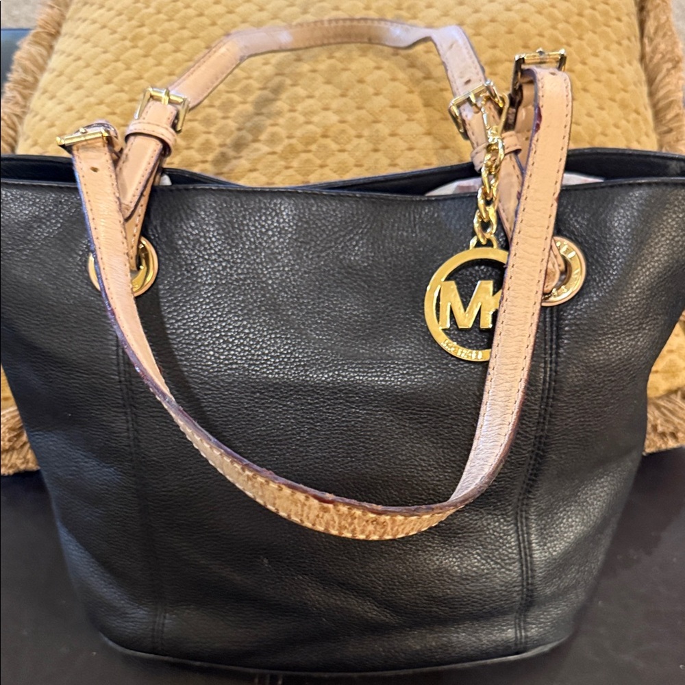 Michael Kors Black Leather Tote with Pale Pink Straps and Gold Logo Charm
